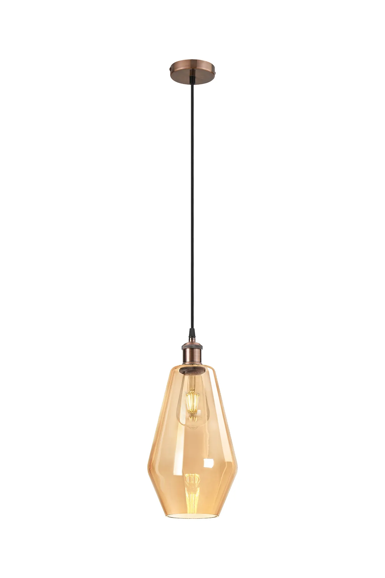 Cawdor Single Pendant, 1 Light E27, Antique Copper/Black/Amber Kite Glass DK1133  Deco Cawdor
